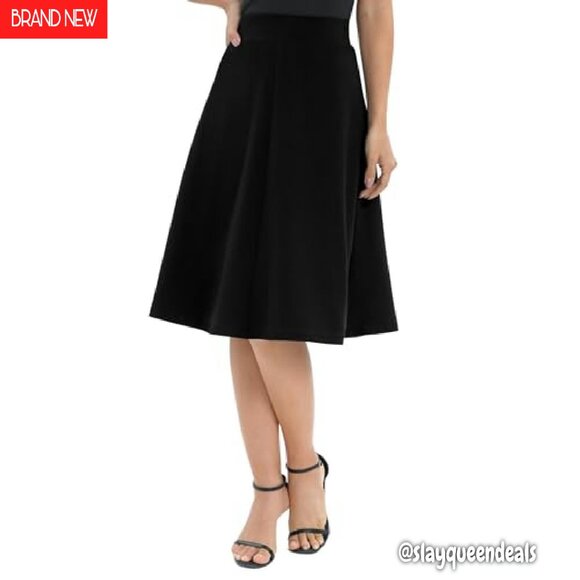 A-Line High Waist Elastic Flare Midi Skirt Stretchy Work Wear - Picture 4 of 7